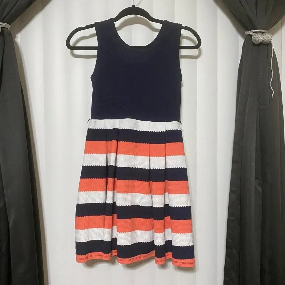 Knit Works girls navy blue/coral/white fit and flare dress - Picture 1 of 5